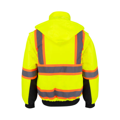 SJ511B Class 3 Hi-Vis Hooded Bomber Jacket with Removable Sleeves - Green / Black - Size 2X