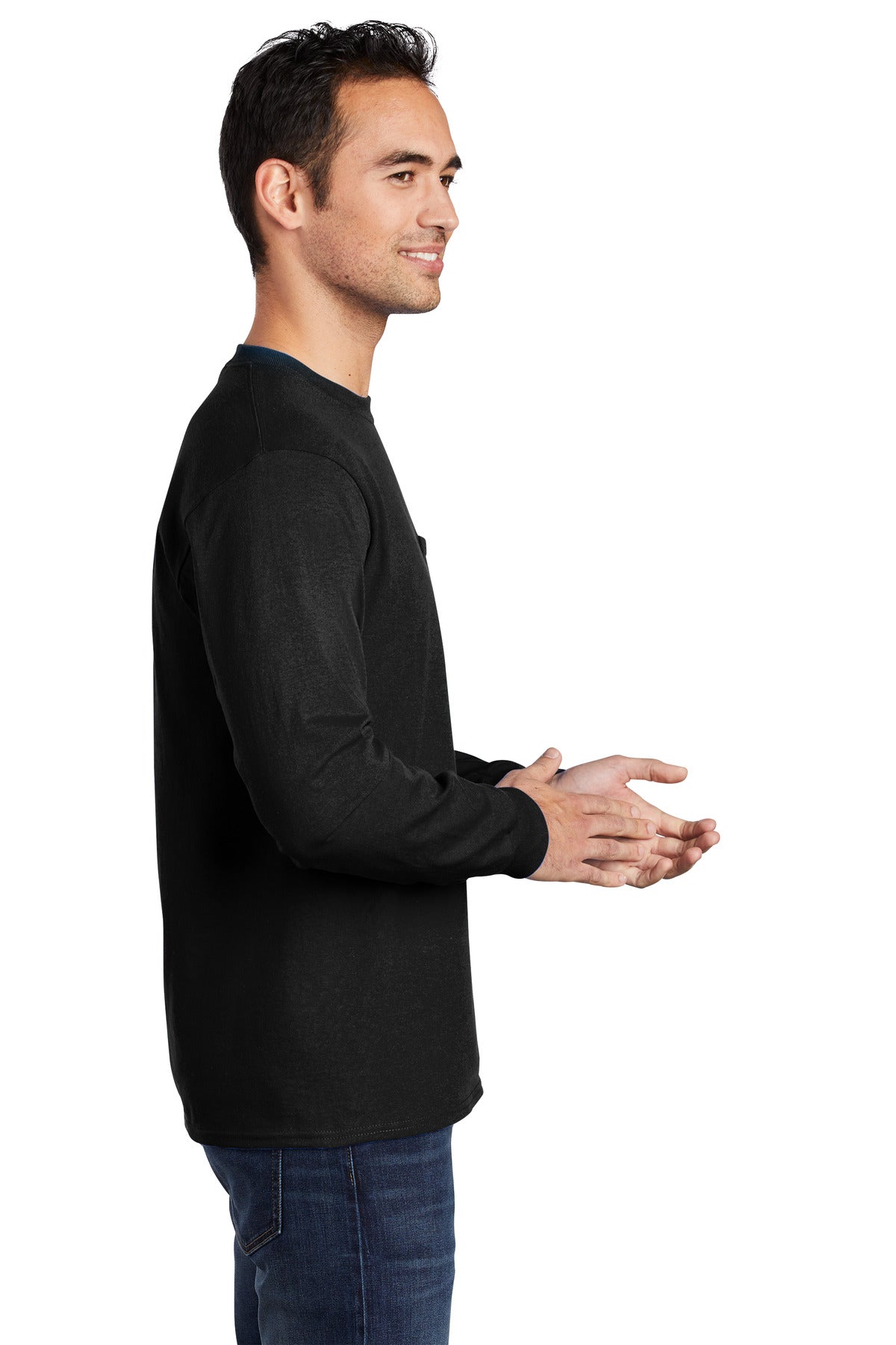 Jet Black Port & Company Long Sleeve Essential Pocket Tee. PC61LSP