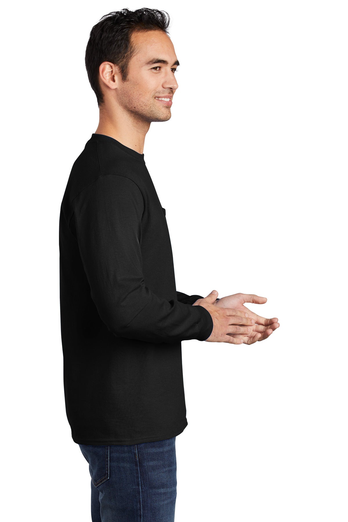 Jet Black Port & Company Tall Long Sleeve Essential Pocket Tee. PC61LSPT