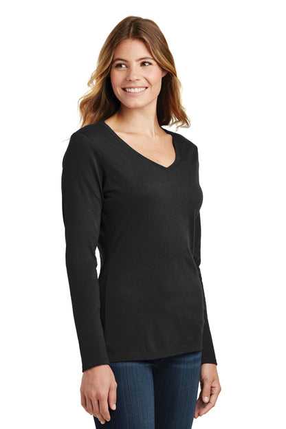Jet Black Port & Company Women's Long Sleeve Fan Favorite V-Neck Tee. LPC450VLS