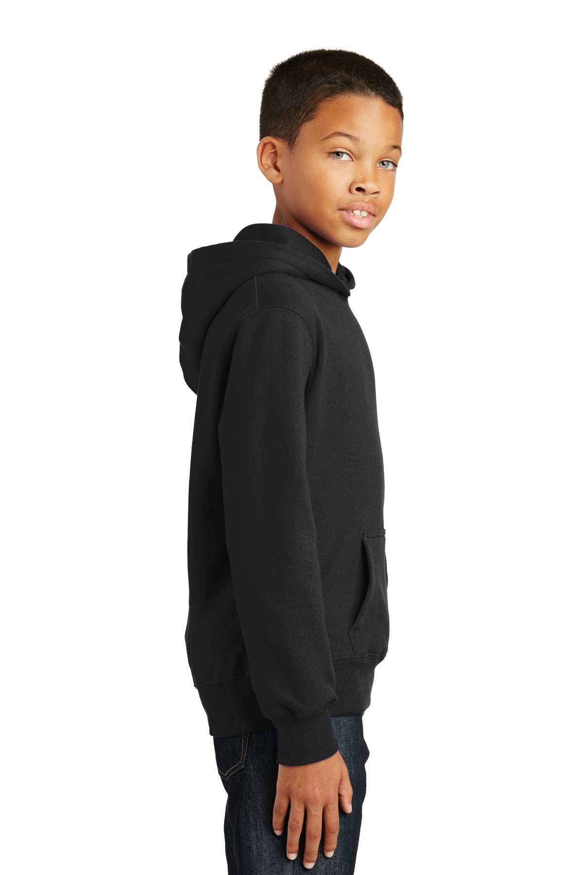 Jet Black Port & Company Youth Fan Favorite Fleece Pullover Hooded Sweatshirt. PC850YH