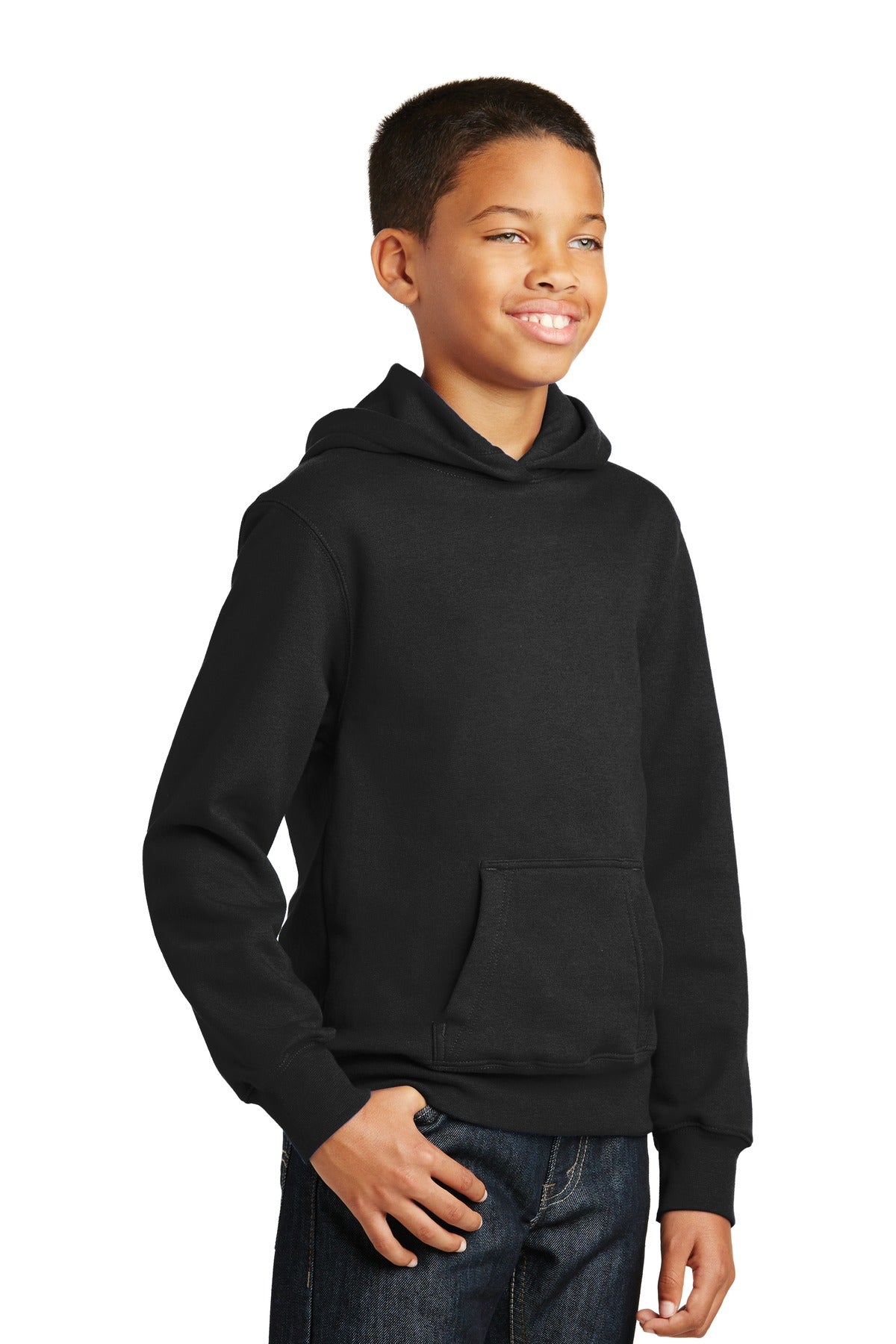 Jet Black Port & Company Youth Fan Favorite Fleece Pullover Hooded Sweatshirt. PC850YH