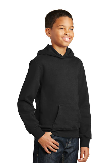Jet Black Port & Company Youth Fan Favorite Fleece Pullover Hooded Sweatshirt. PC850YH
