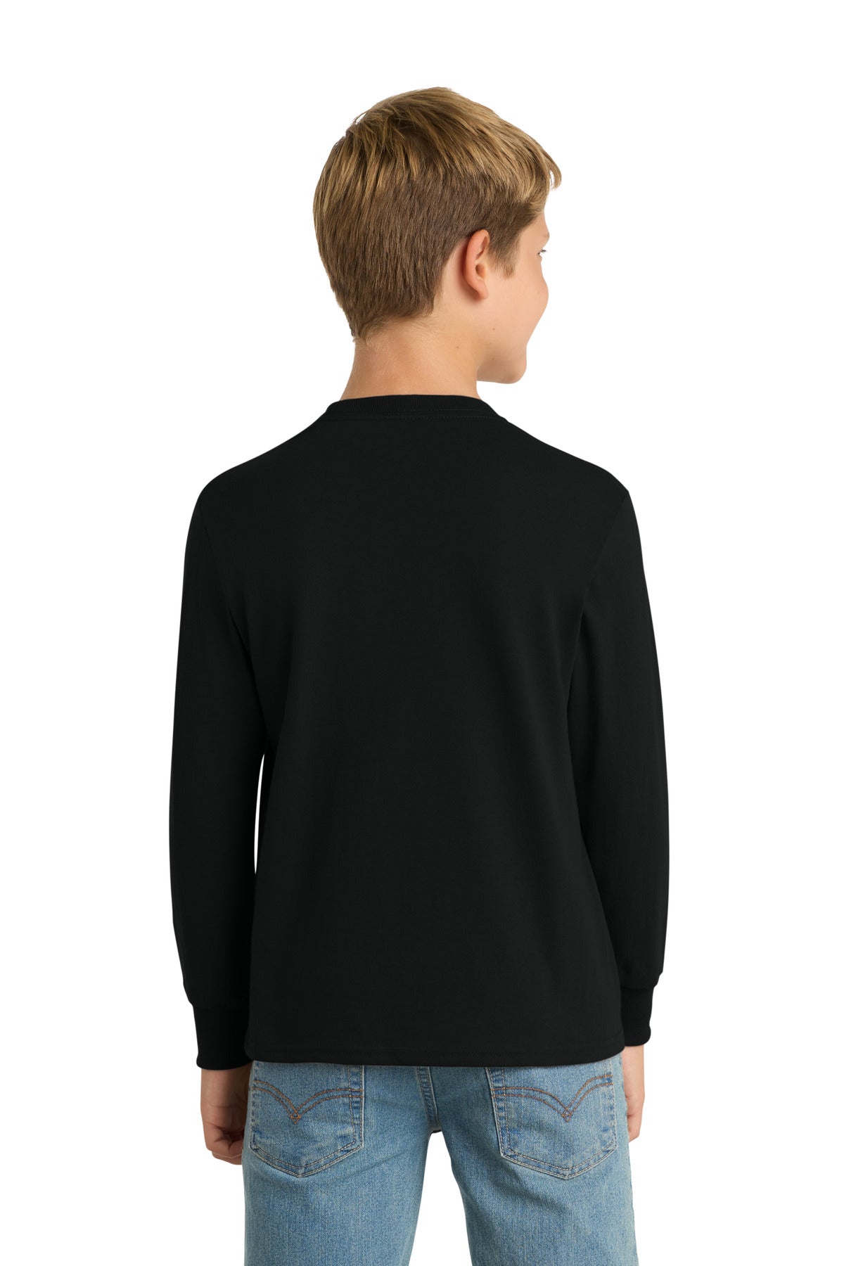 Jet Black Port & Company Youth Long Sleeve Core Cotton Tee. PC54YLS