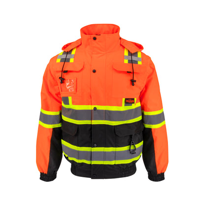 SJ511B Class 3 Hi-Vis Hooded Bomber Jacket with Removable Sleeves - Green / Black - Size 2X