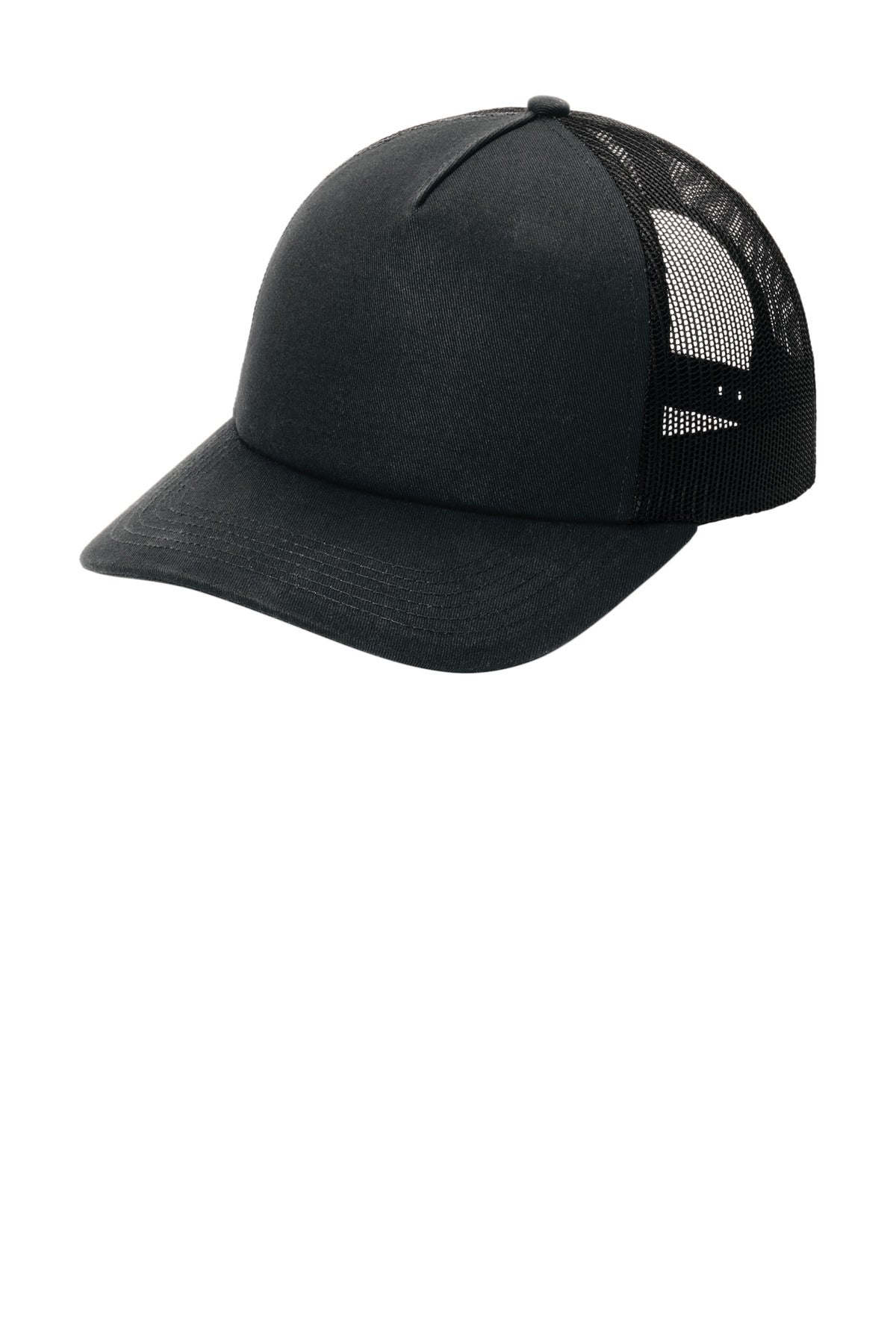 Left View of Blk/Blk Port Authority Low-Profile Snapback 5-Panel Trucker Cap C115LP