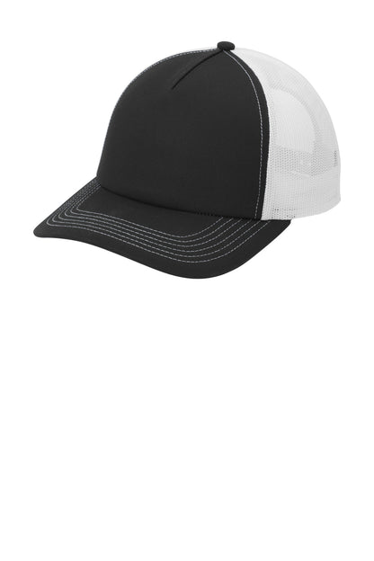 Left View of Blk/White Port Authority Low-Profile Snapback 5-Panel Trucker Cap C115LP
