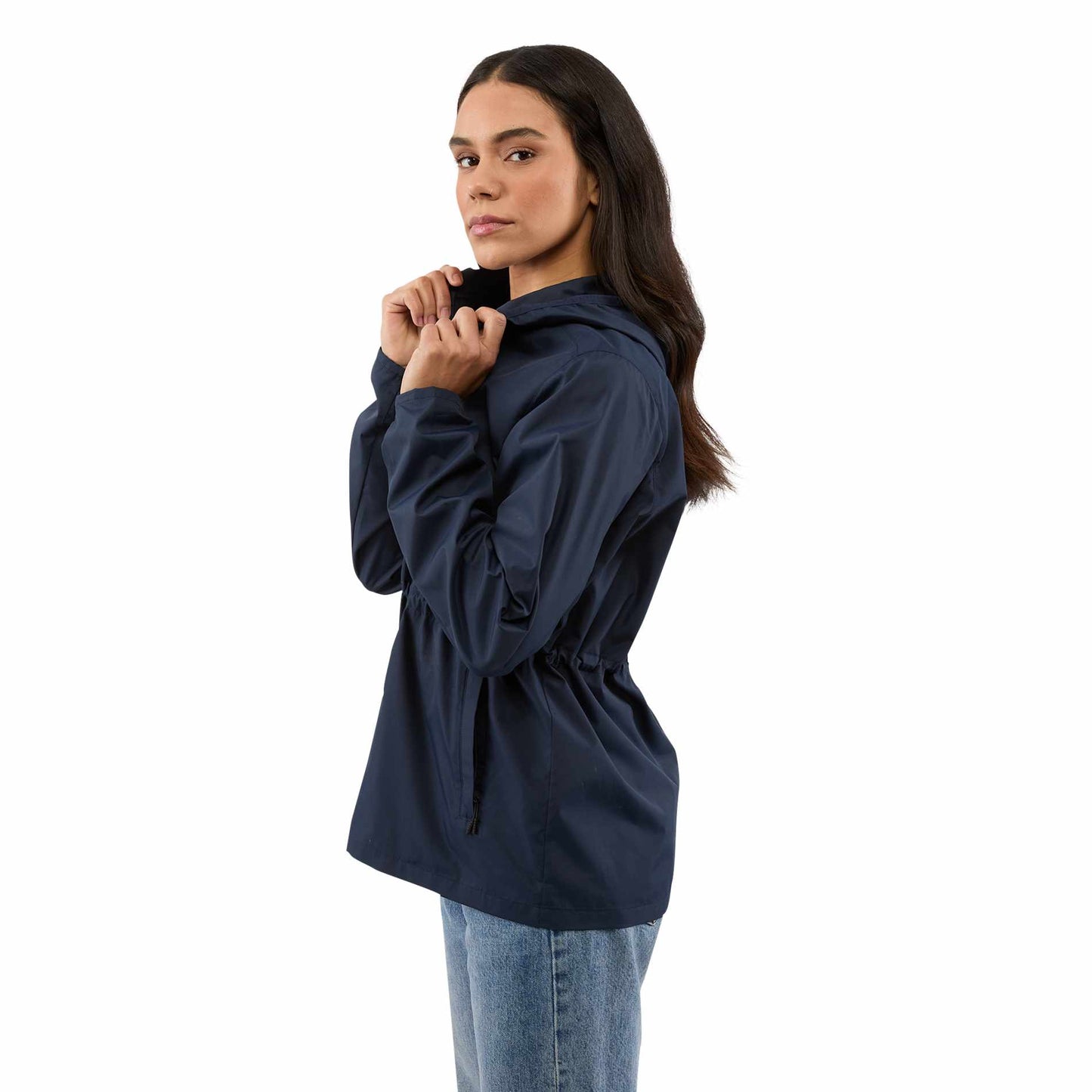 Left View of Blue ANETO Lightweight Packable Jacket - Women's plain