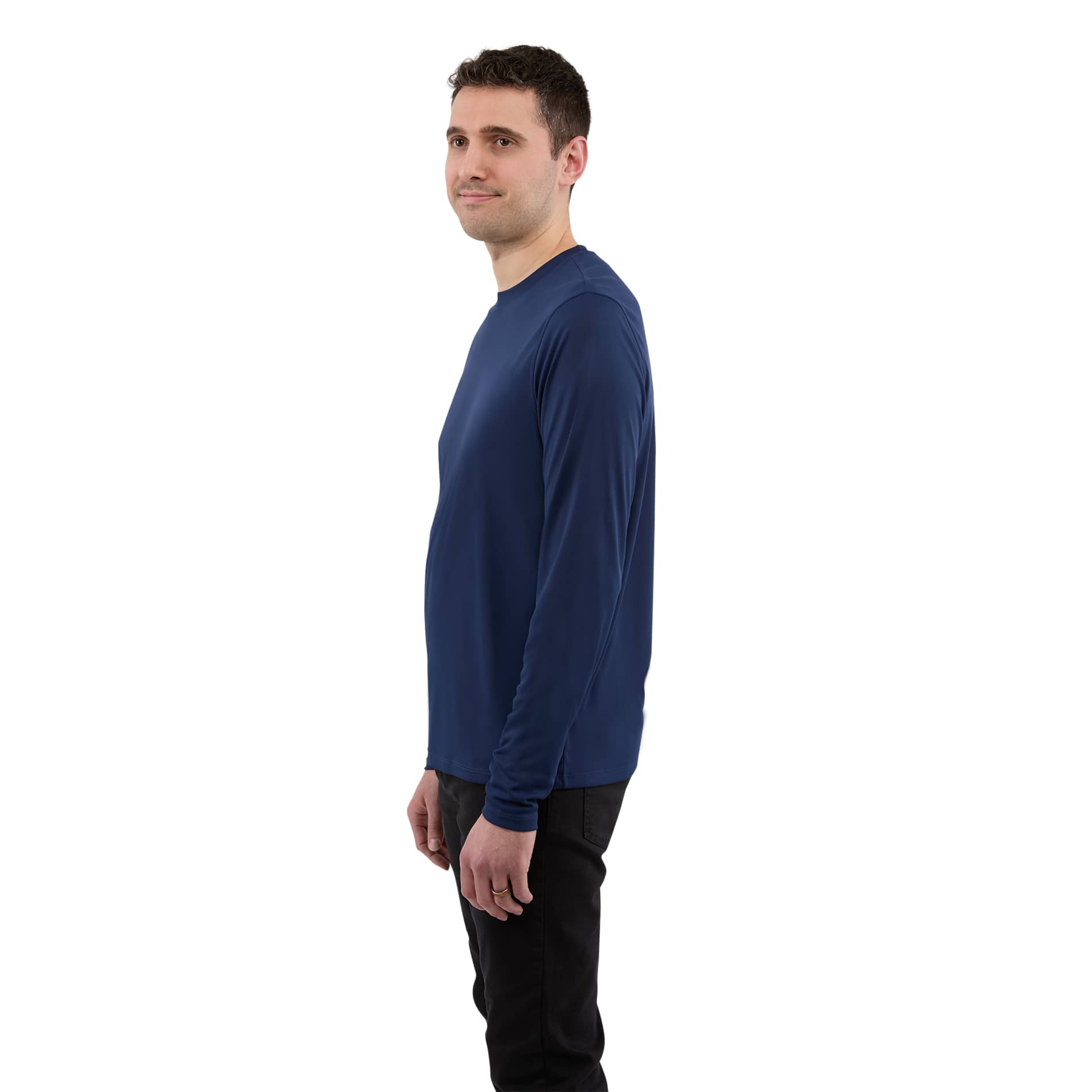 Left View of Blue DARA LS Tech Tee - Men's plain