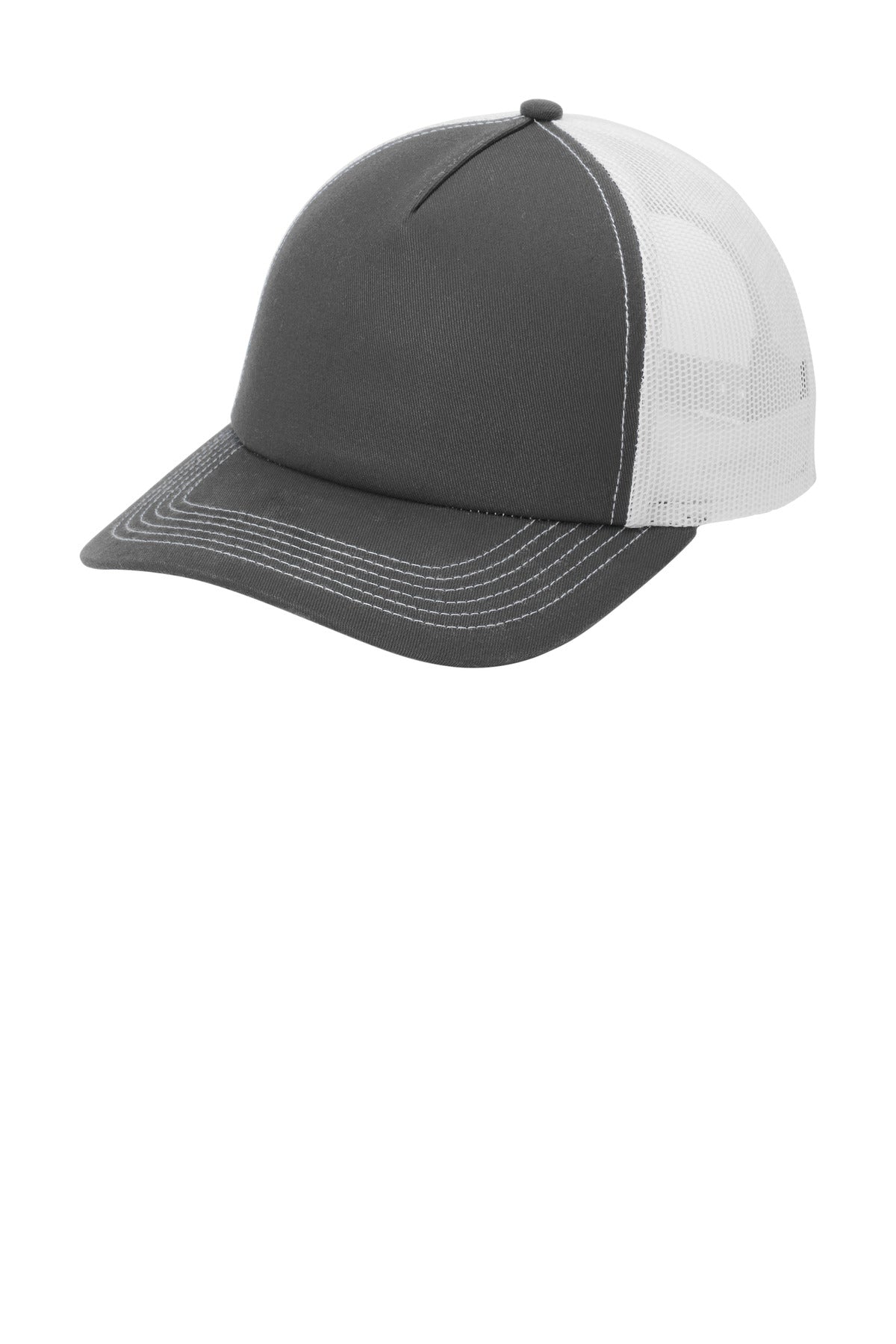 Left View of GySt/White Port Authority Low-Profile Snapback 5-Panel Trucker Cap C115LP