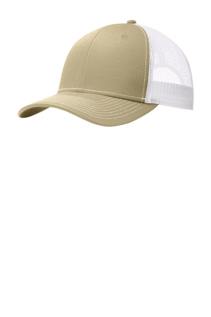 Left View of LtKhaki/Wh Port Authority Snapback Trucker Cap. C112