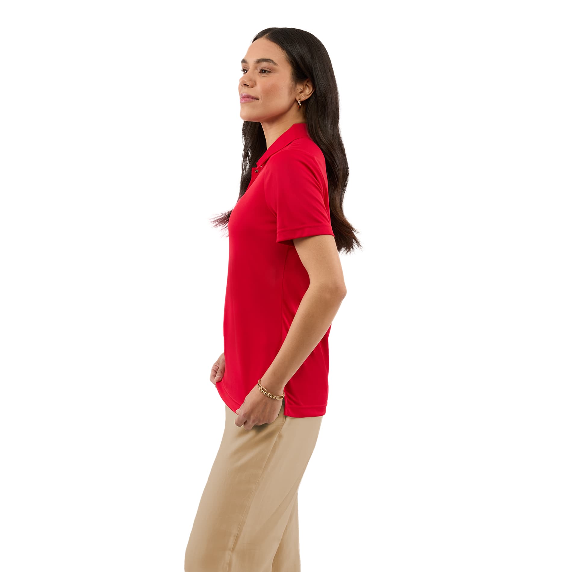 Left View of Red DARA SS Polo - Women's plain