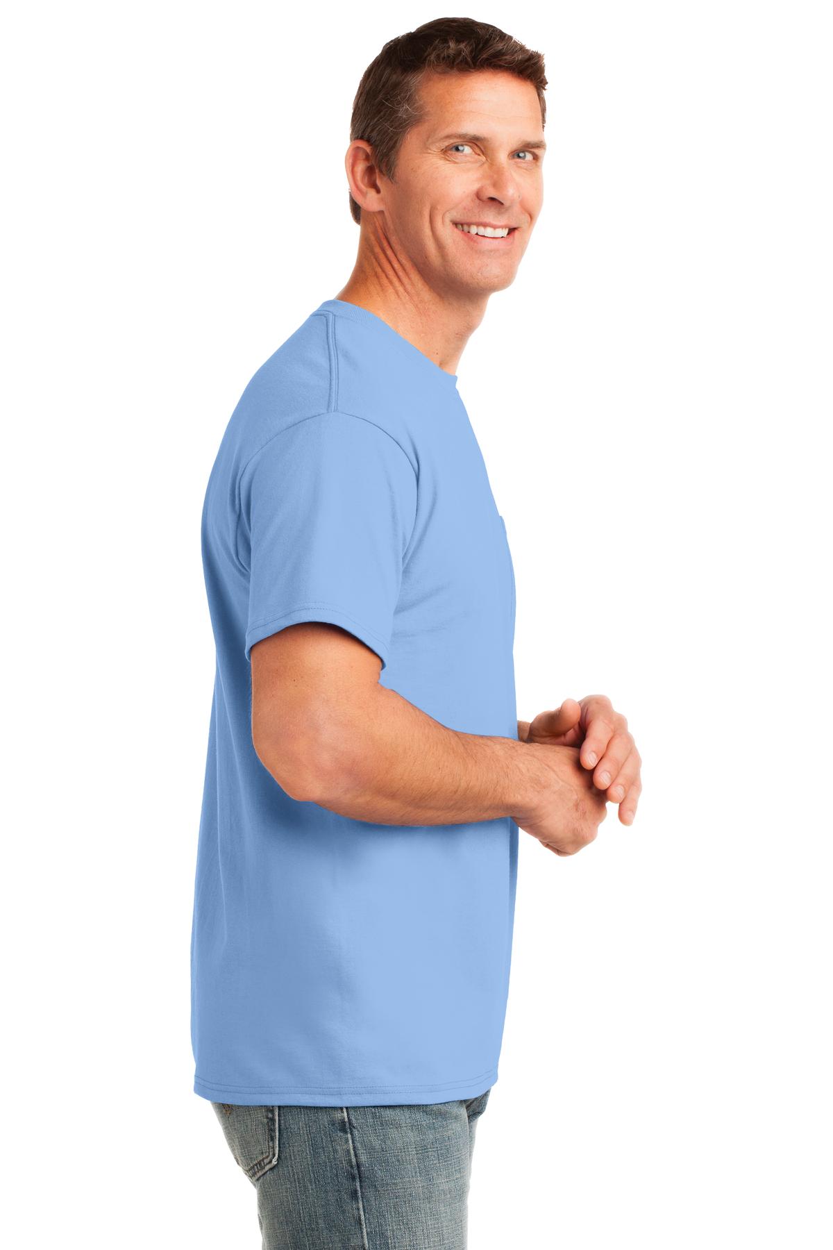 Light Blue Port & Company Core Cotton Pocket Tee. PC54P