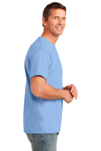 Light Blue Port & Company Core Cotton Pocket Tee. PC54P