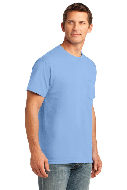 Light Blue Port & Company Core Cotton Pocket Tee. PC54P