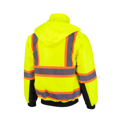 SJ511B Class 3 Hi-Vis Hooded Bomber Jacket with Removable Sleeves - Green / Black - Size 2X