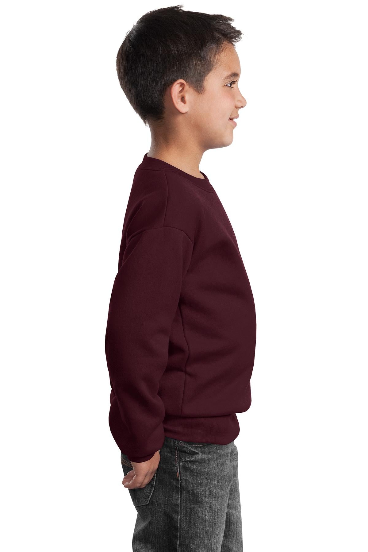 Maroon Port & Company Youth Core Fleece Crewneck Sweatshirt. PC90Y