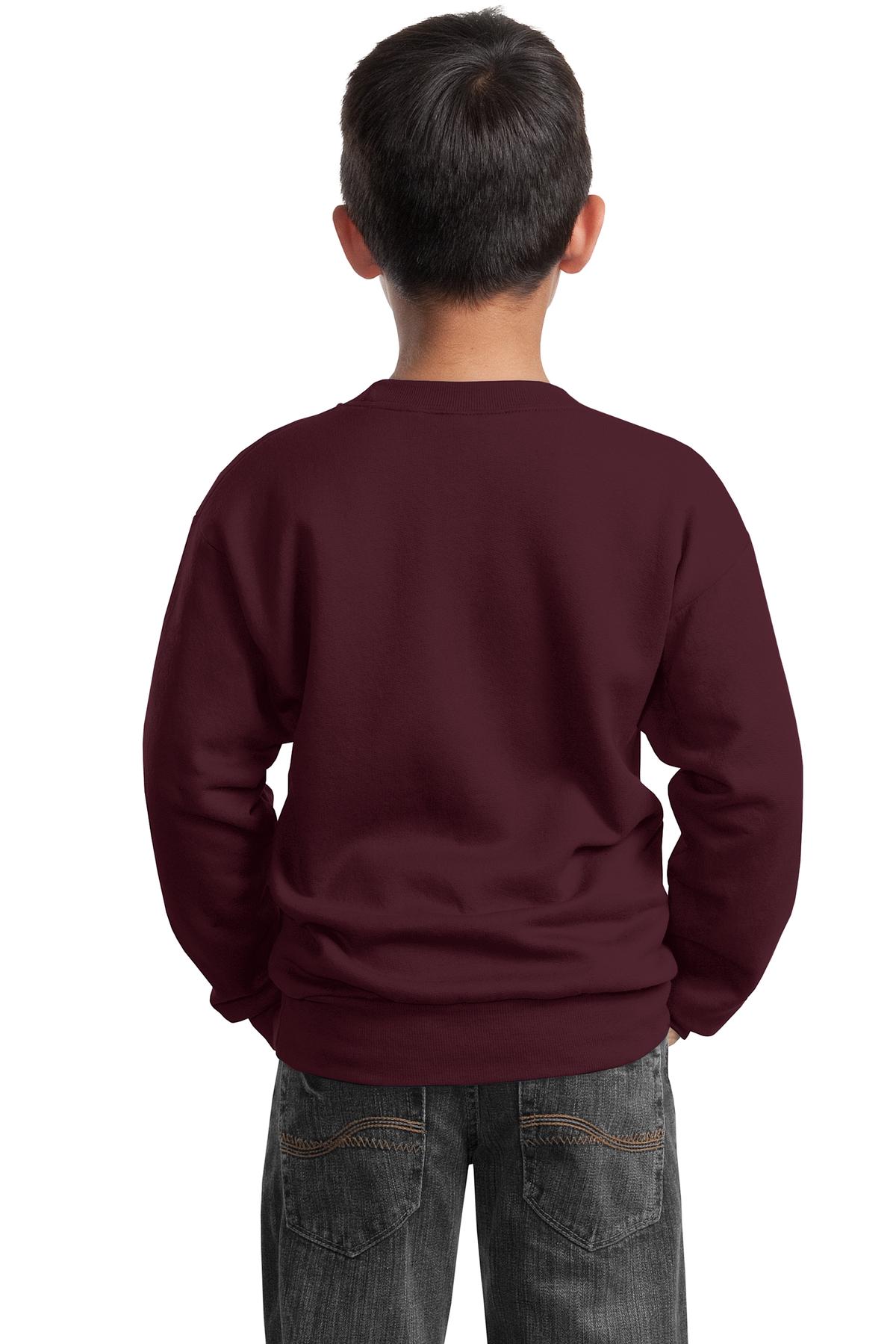 Maroon Port & Company Youth Core Fleece Crewneck Sweatshirt. PC90Y