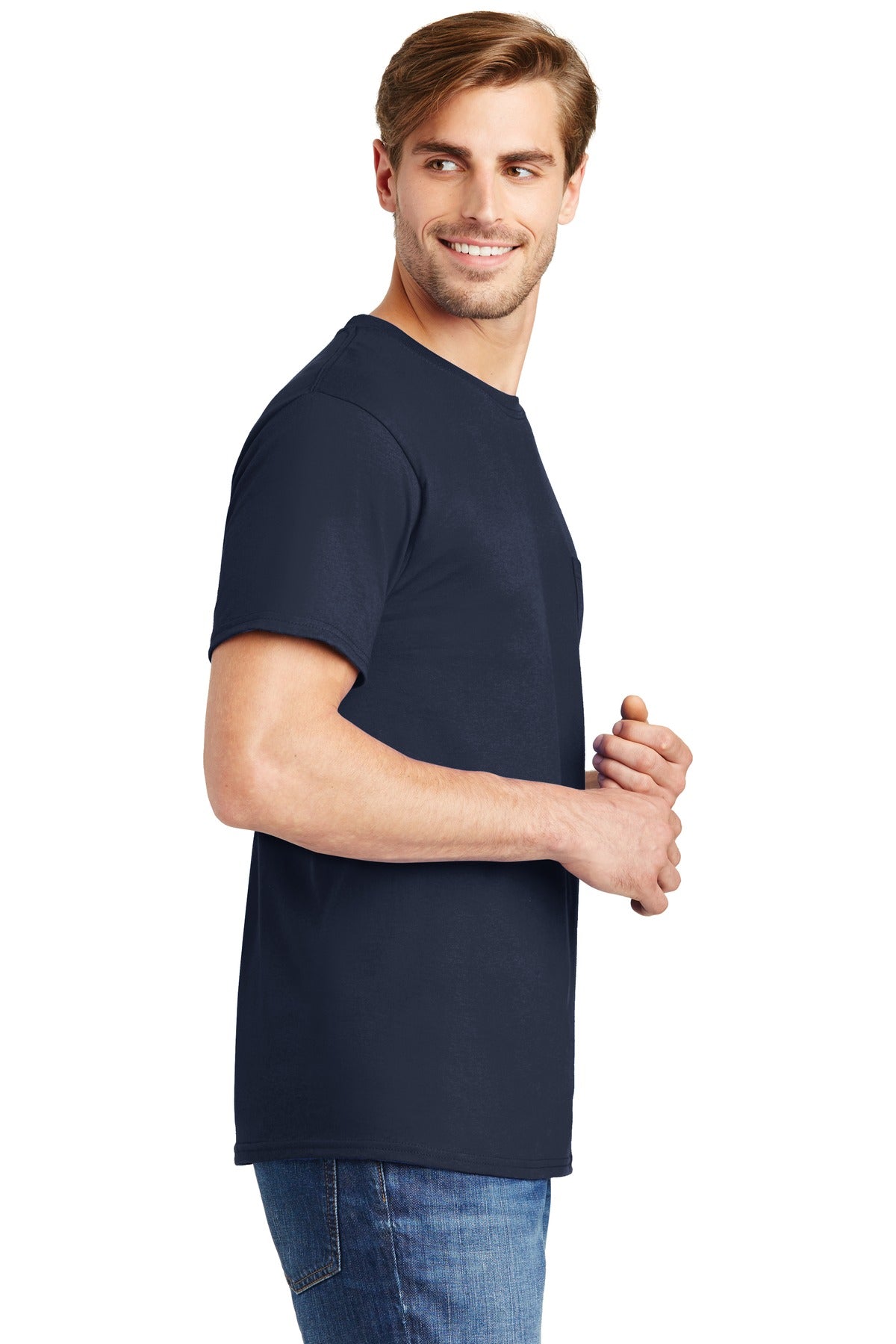 Navy Hanes - Authentic 100% Cotton T-Shirt with Pocket. 5590