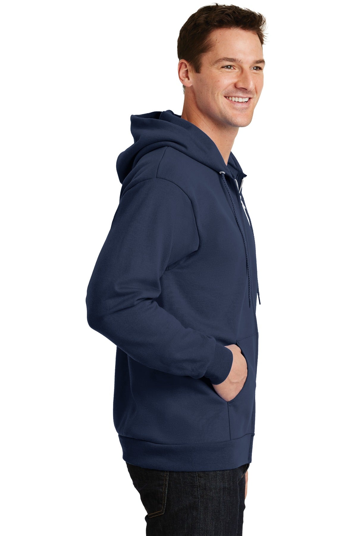 Navy Port & Company Essential Fleece Full-Zip Hooded Sweatshirt. PC90ZH