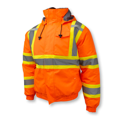 SJ11QX-3 Class 3 X-Back High Visibility Quilted Bomber Jacket with Hood - Hi Vis Orange - XL