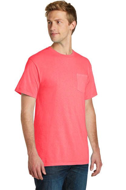 Neon Coral Port & Company Beach Wash Garment-Dyed Pocket Tee. PC099P