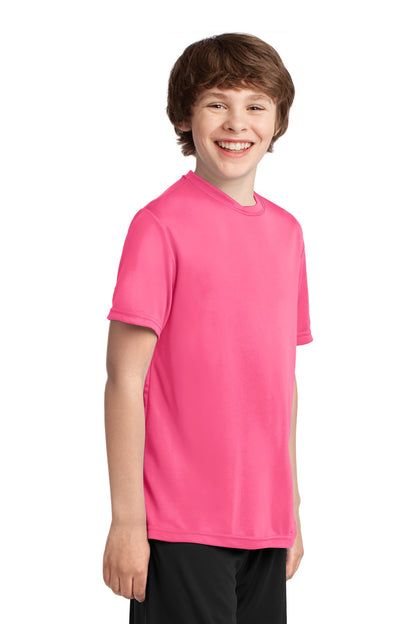 Neon Pink Port & Company Youth Performance Tee. PC380Y