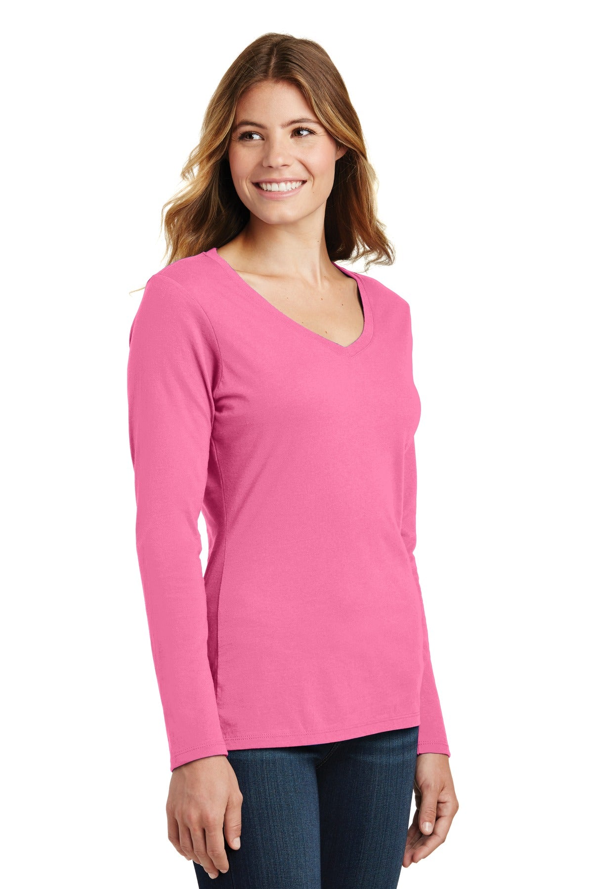 New Pink Port & Company Women's Long Sleeve Fan Favorite V-Neck Tee. LPC450VLS
