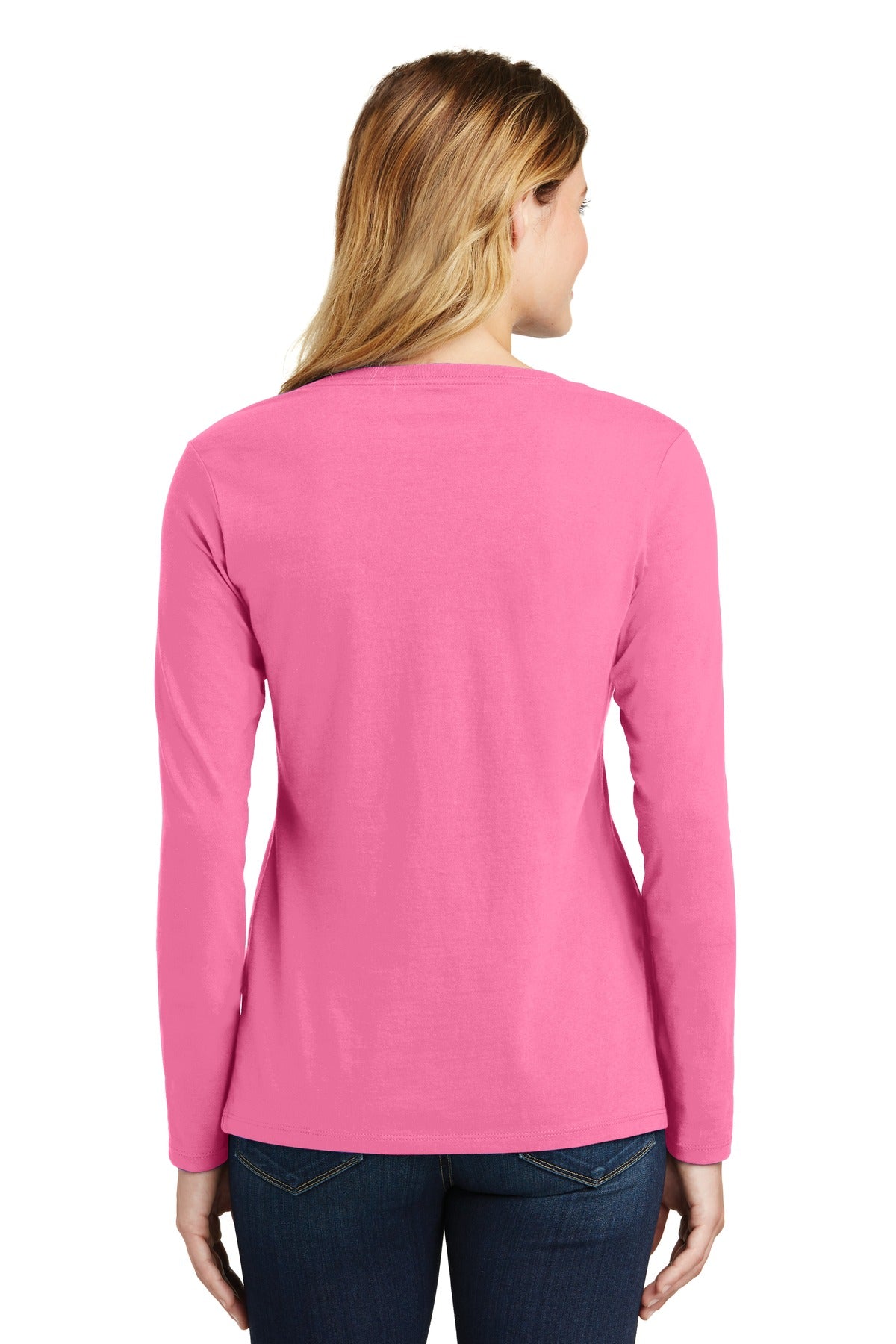 New Pink Port & Company Women's Long Sleeve Fan Favorite V-Neck Tee. LPC450VLS