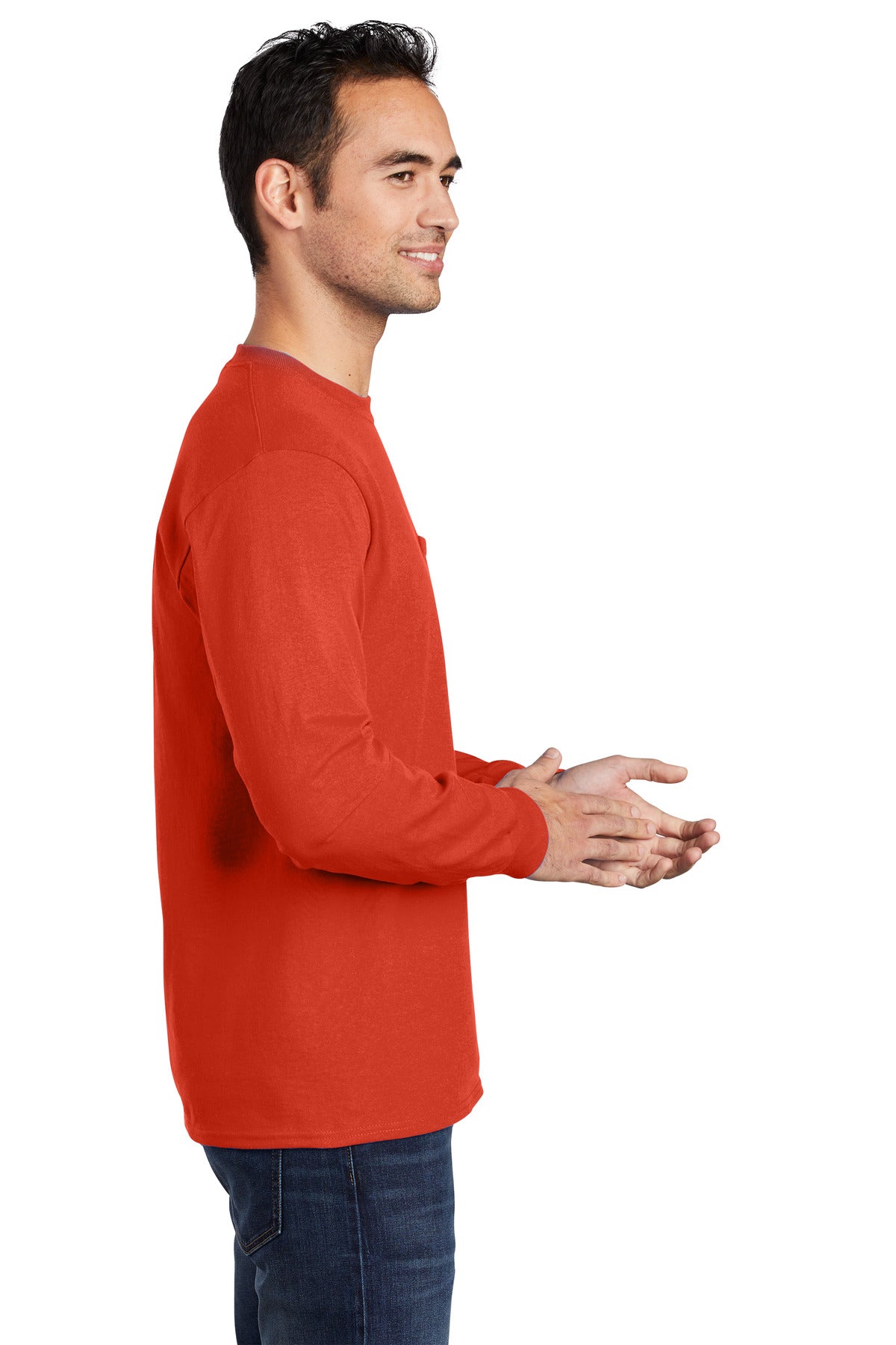 Orange Port & Company Long Sleeve Essential Pocket Tee. PC61LSP