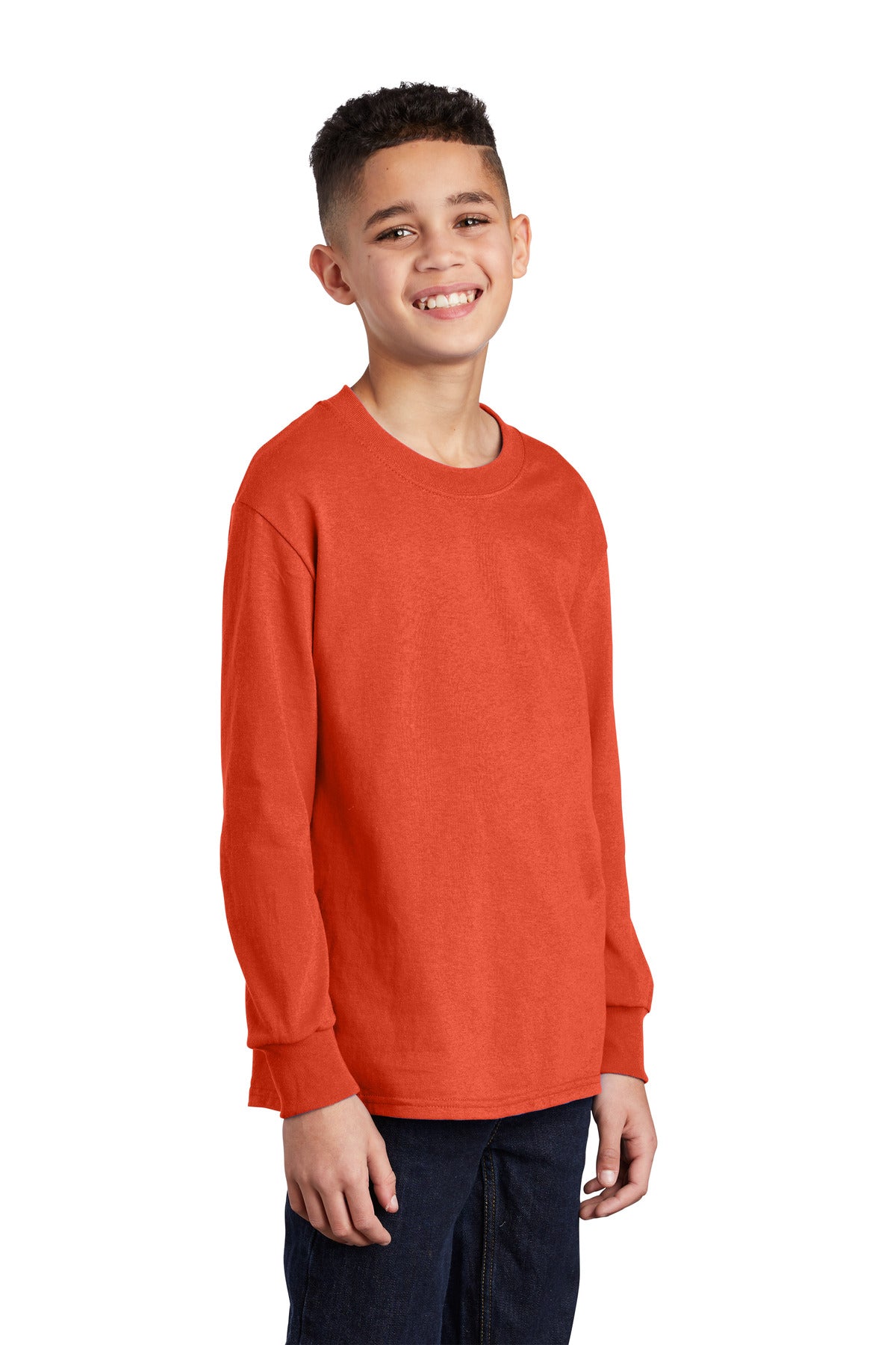 Orange Port & Company Youth Long Sleeve Core Cotton Tee. PC54YLS