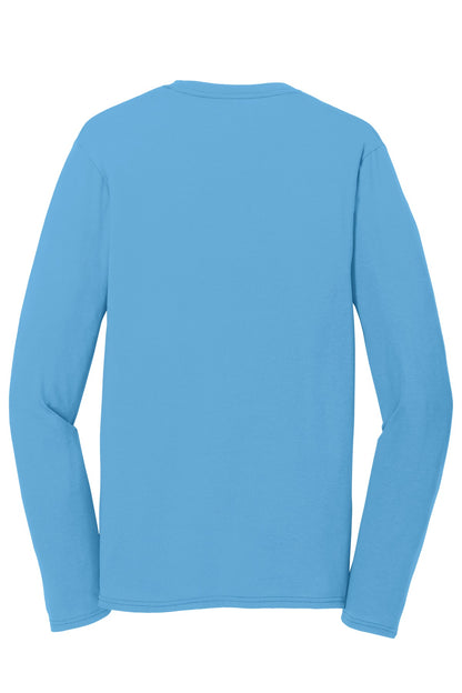 Rear View of Aquatic Blue Port & Company Long Sleeve Performance Blend Tee. PC381LS