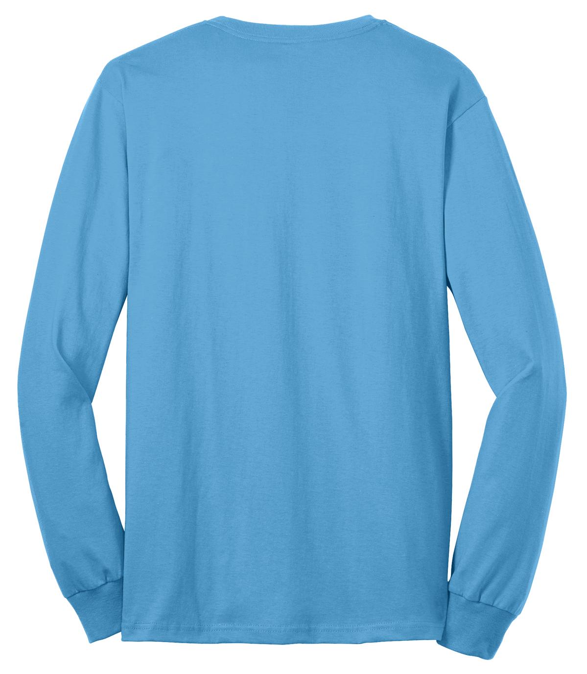 Rear View of Aquatic Blue Port & Company Tall Long Sleeve Core Blend Tee. PC55LST