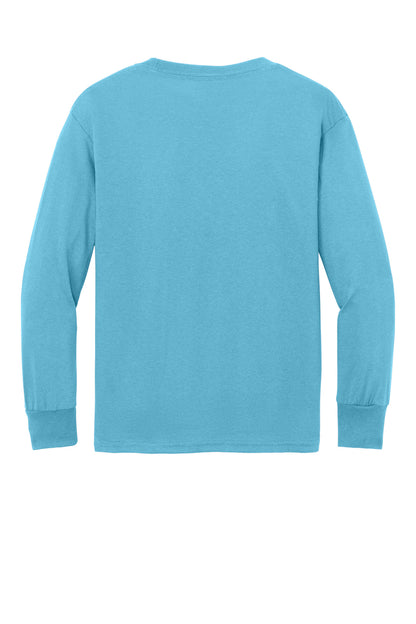 Rear View of Aquatic Blue Port & Company Youth Long Sleeve Core Cotton Tee. PC54YLS