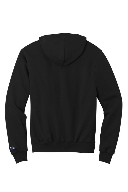 Rear View of Black Champion Powerblend Full-Zip Hoodie.S800