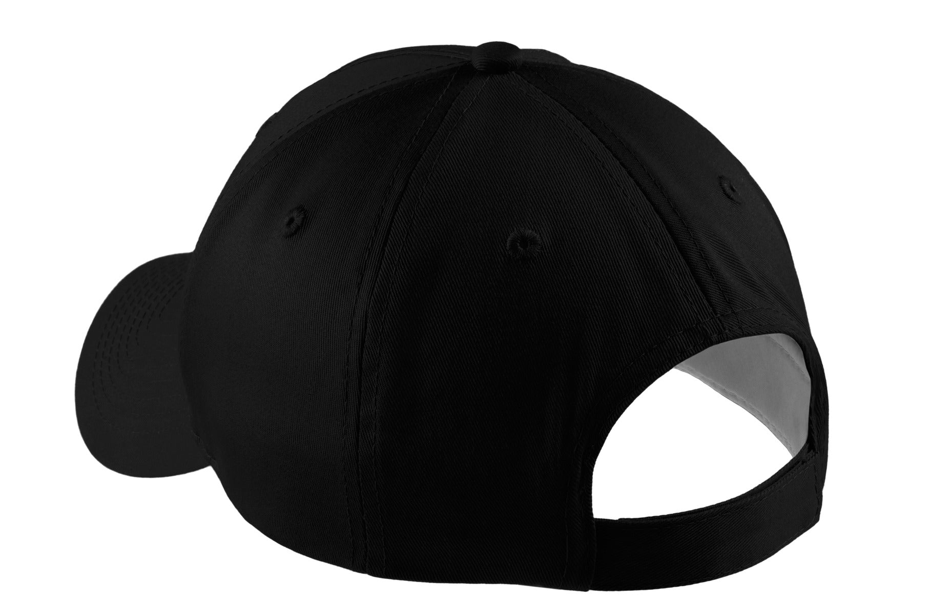 Rear View of Black Port & Company Five-Panel Twill Cap. CP86