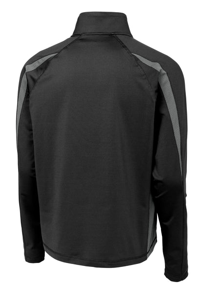 Rear View of Black/Char Gry Sport-Tek Sport-Wick Stretch 1/2-Zip Colorblock Pullover. ST851