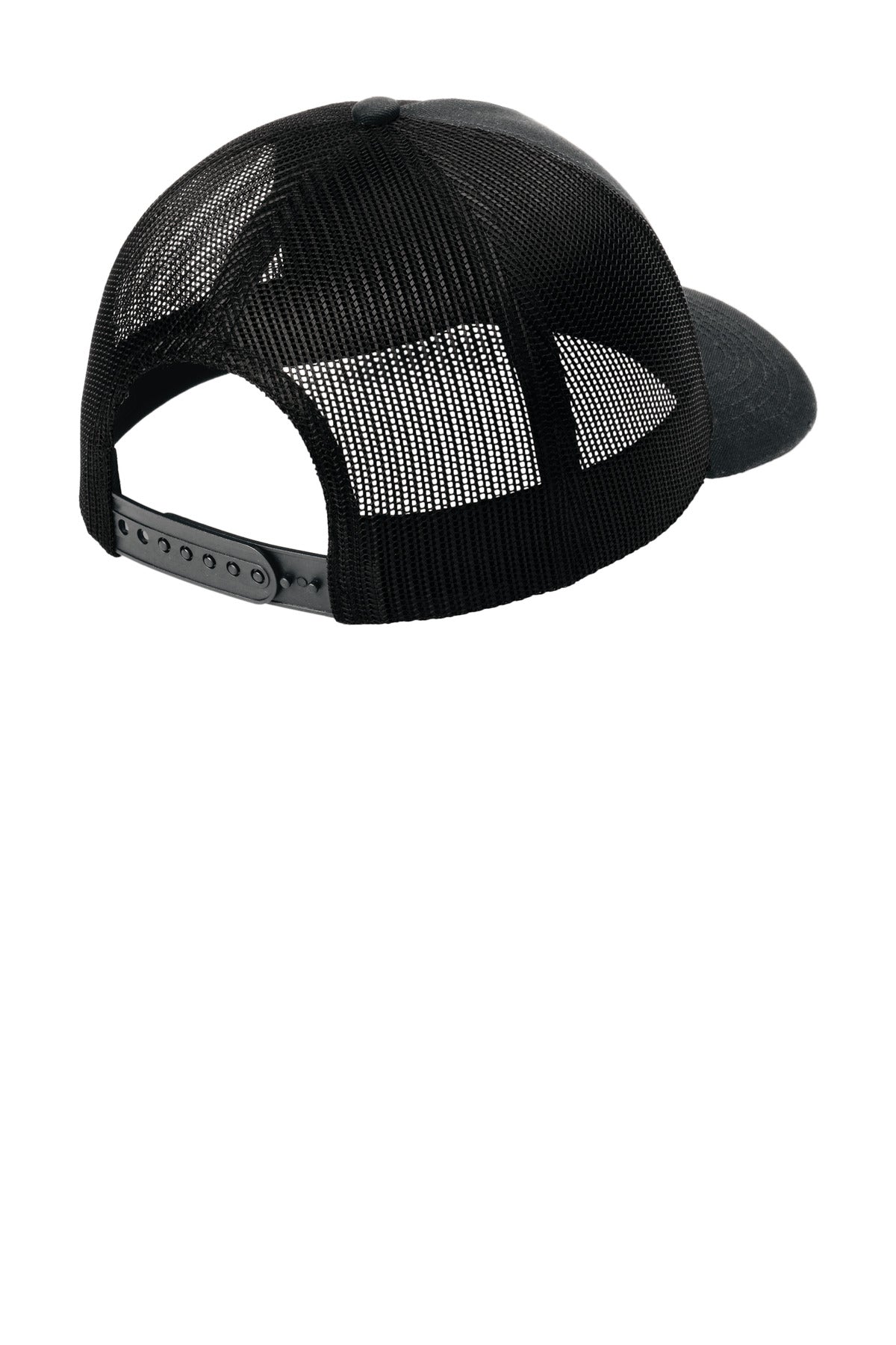 Rear View of Blk/Blk Port Authority Low-Profile Snapback 5-Panel Trucker Cap C115LP
