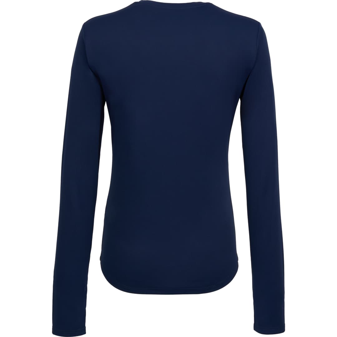 Rear View of Blue DARA LS Tech Tee - Women's plain