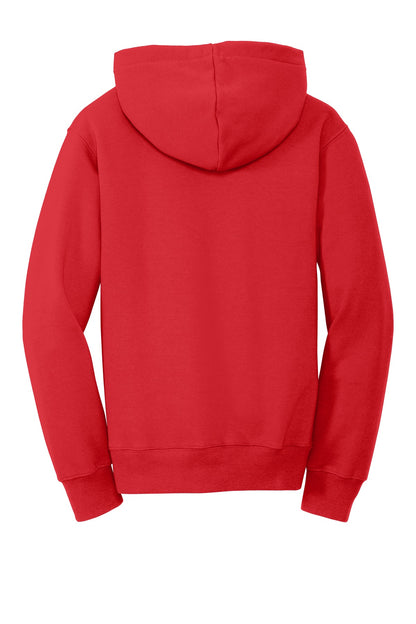 Rear View of Bright Red Port & Company Youth Fan Favorite Fleece Pullover Hooded Sweatshirt. PC850YH