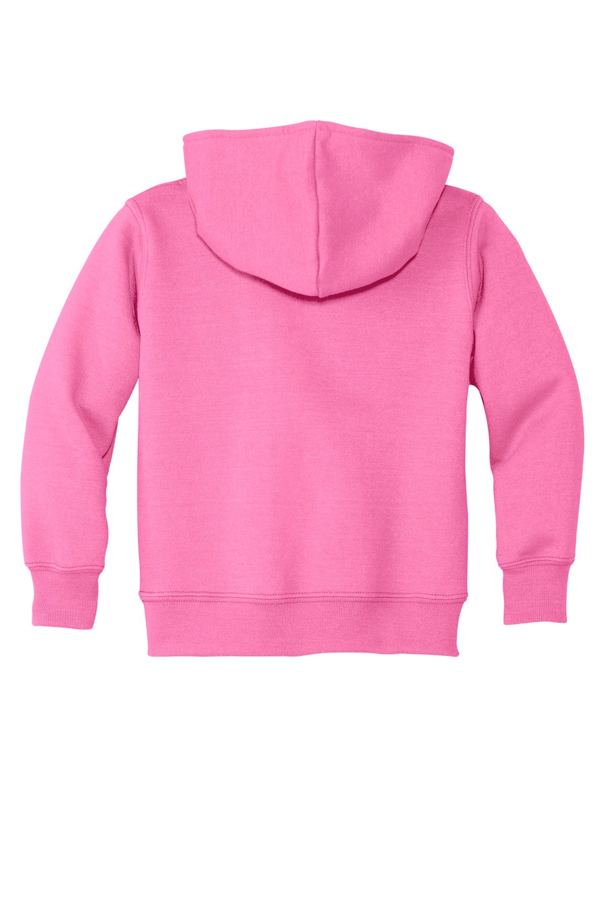 Rear View of Candy Pink Port & Company Toddler Core Fleece Pullover Hooded Sweatshirt. CAR78TH