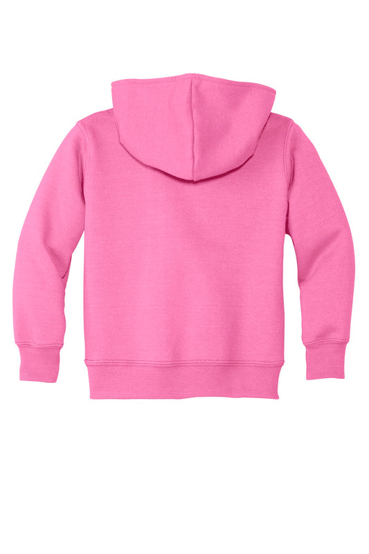Rear View of Candy Pink Port & Company Toddler Core Fleece Pullover Hooded Sweatshirt. CAR78TH