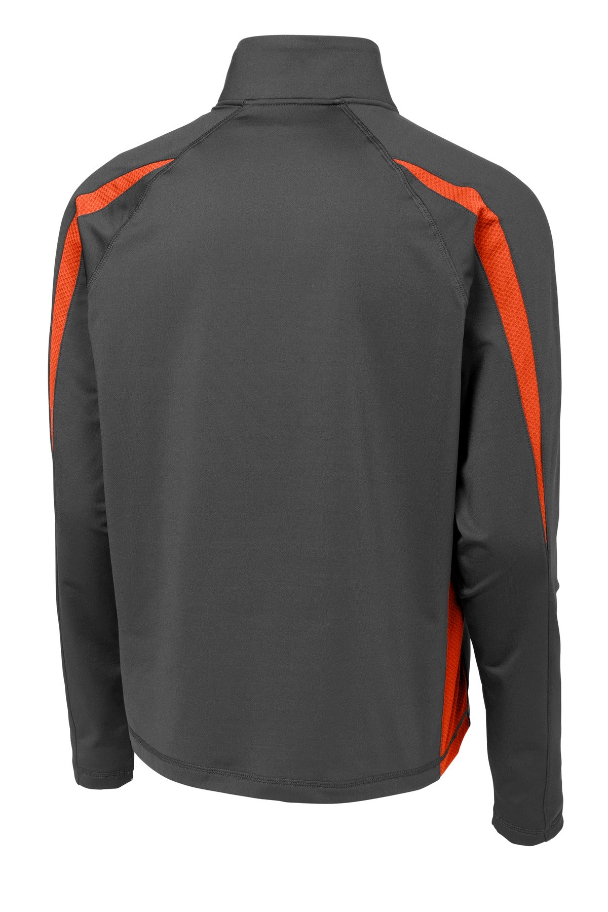 Rear View of Char Gry/Dp Or Sport-Tek Sport-Wick Stretch 1/2-Zip Colorblock Pullover. ST851