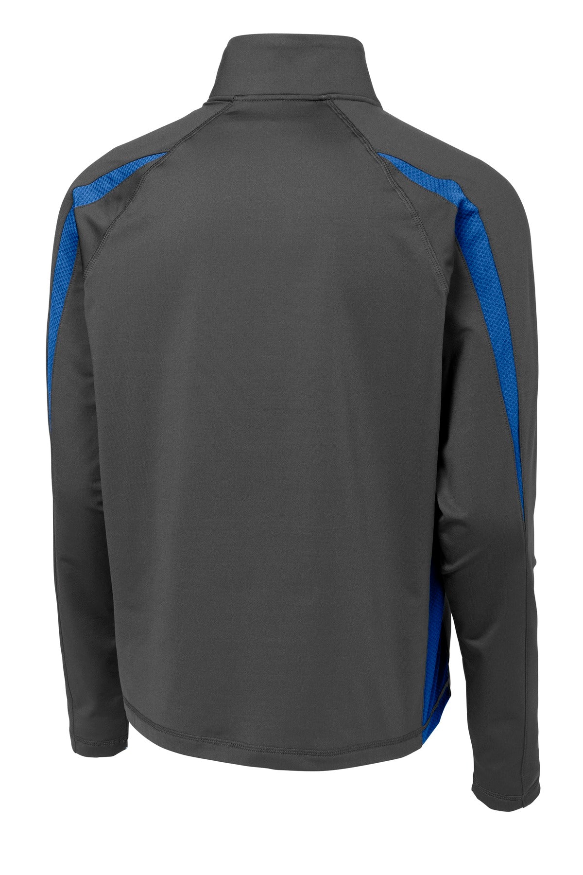 Rear View of Char Gry/Green Sport-Tek Sport-Wick Stretch 1/2-Zip Colorblock Pullover. ST851