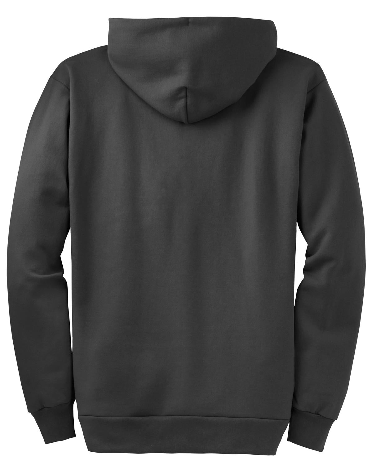 Rear View of Charcoal Port & Company Essential Fleece Full-Zip Hooded Sweatshirt. PC90ZH