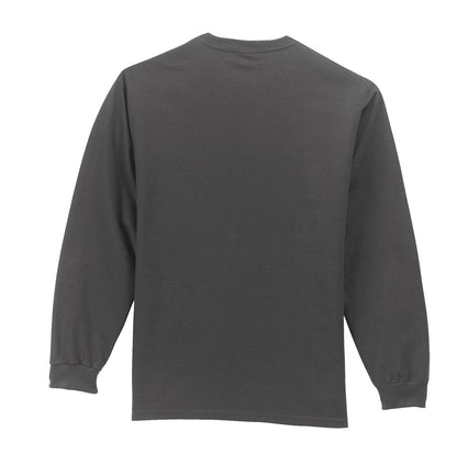 Rear View of Charcoal Port & Company Long Sleeve Essential Pocket Tee. PC61LSP
