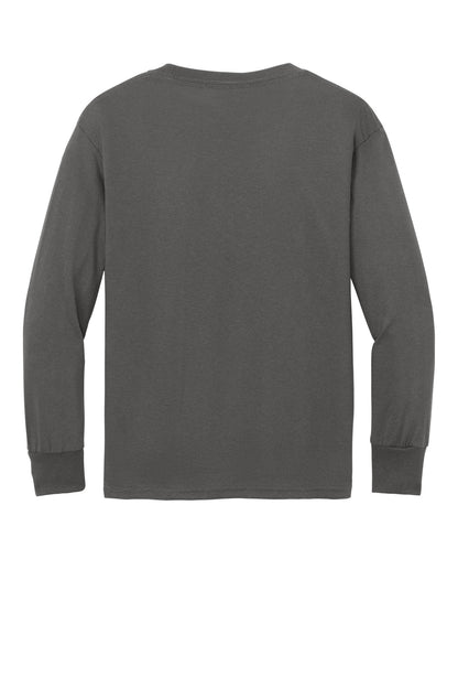 Rear View of Charcoal Port & Company Youth Long Sleeve Core Cotton Tee. PC54YLS