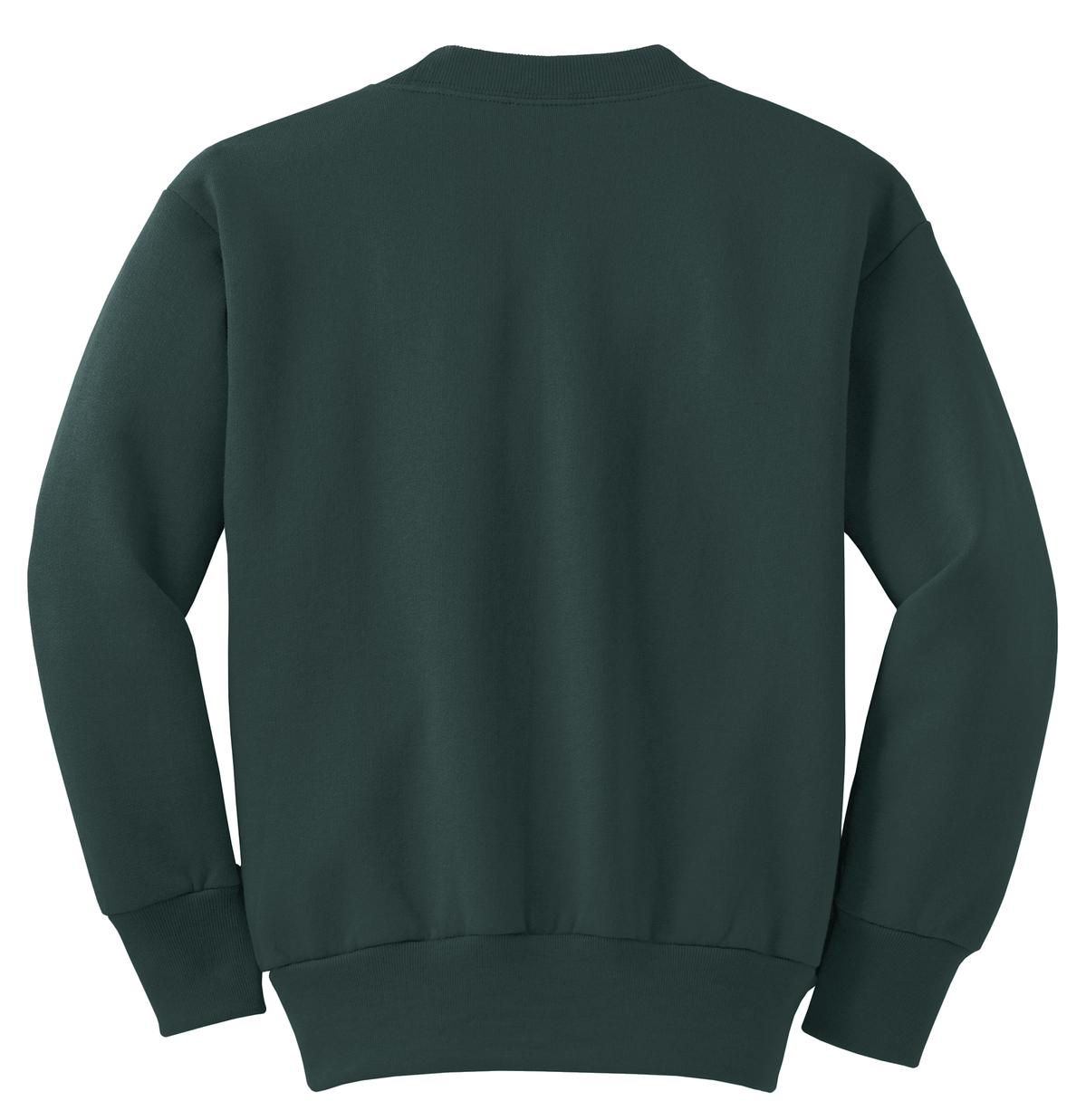 Rear View of Dark Green Port & Company Youth Core Fleece Crewneck Sweatshirt. PC90Y