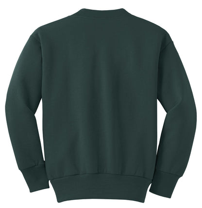 Rear View of Dark Green Port & Company Youth Core Fleece Crewneck Sweatshirt. PC90Y