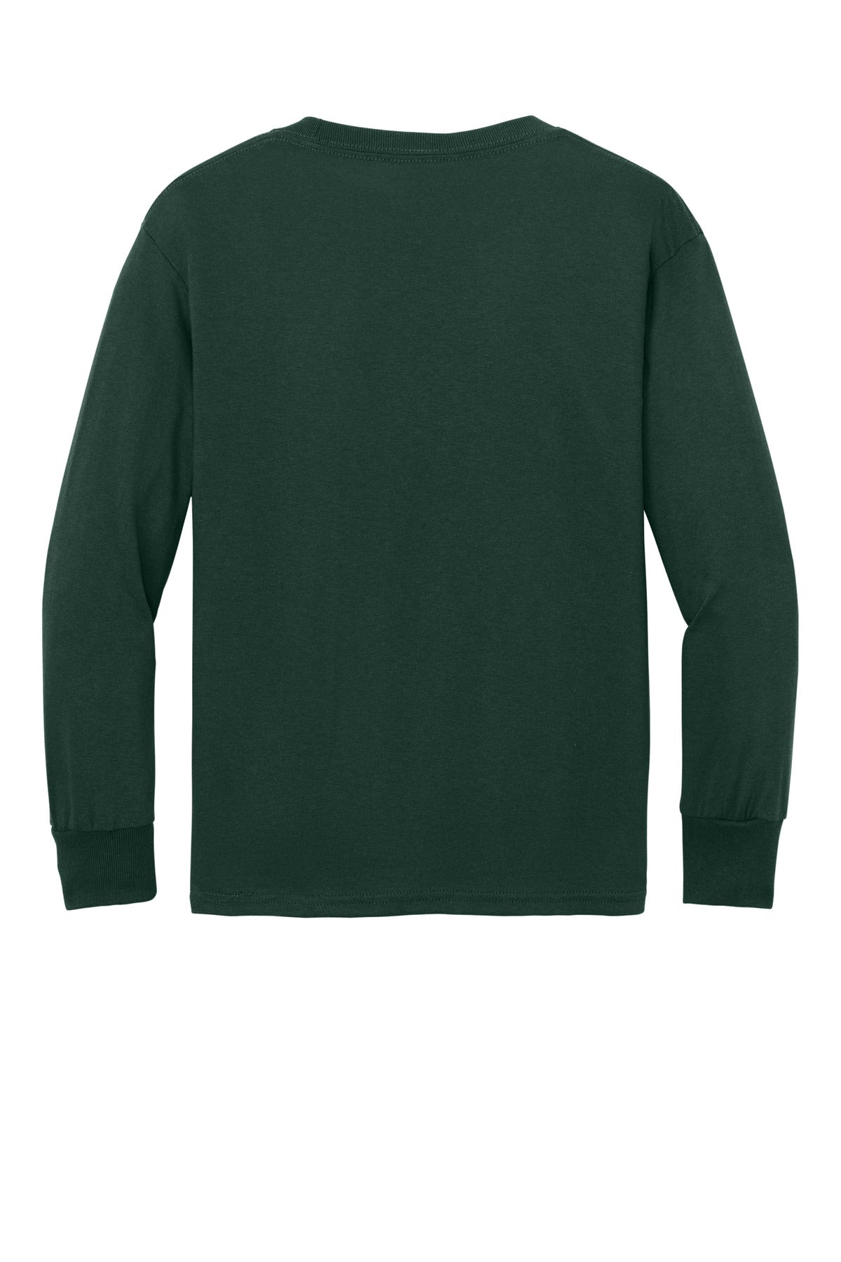 Rear View of Dark Green Port & Company Youth Long Sleeve Core Cotton Tee. PC54YLS